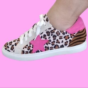 Pink Brown Leopard Print Star Platform Sneaker